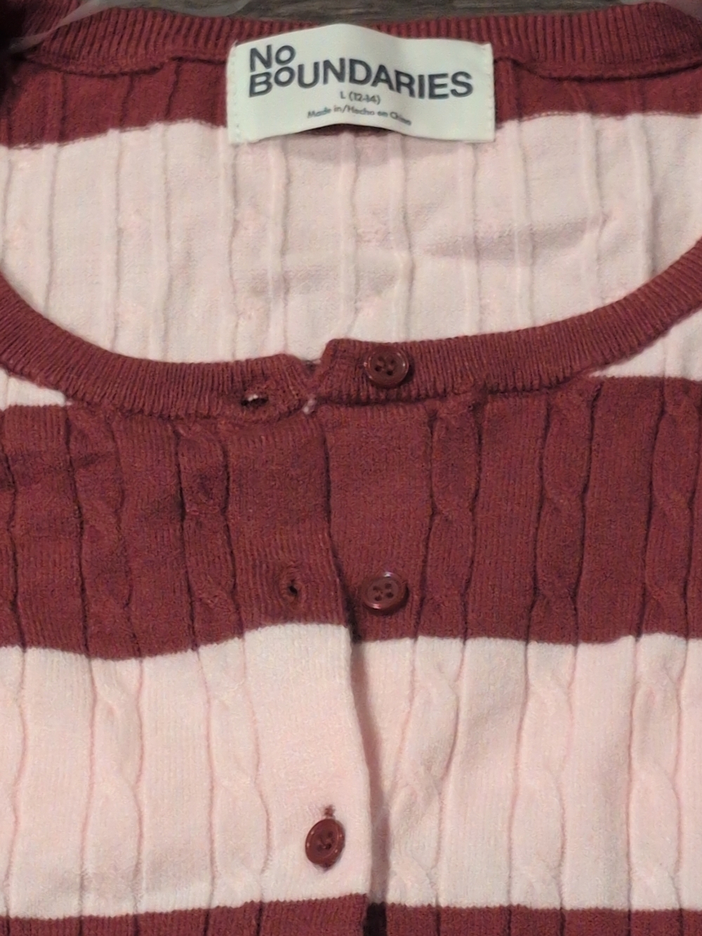 No Boundaries Cable Knit Crewneck Cardigan, Women's Sweater Pink And Wine Size L - Picture 4 of 7